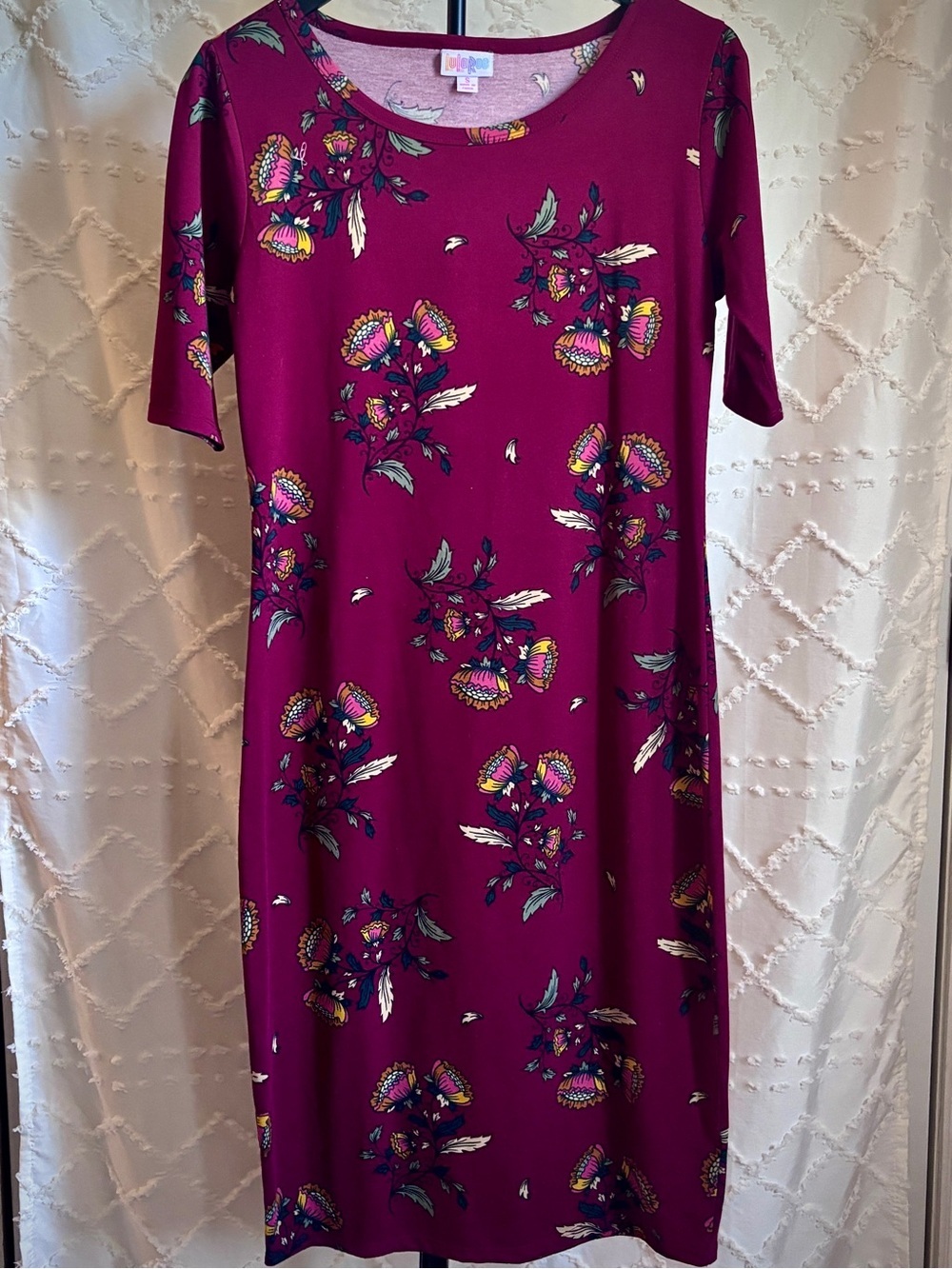 LuLaRoe Julia Dress Small Burgundy Floral Midi Dress Stretch Career Casual